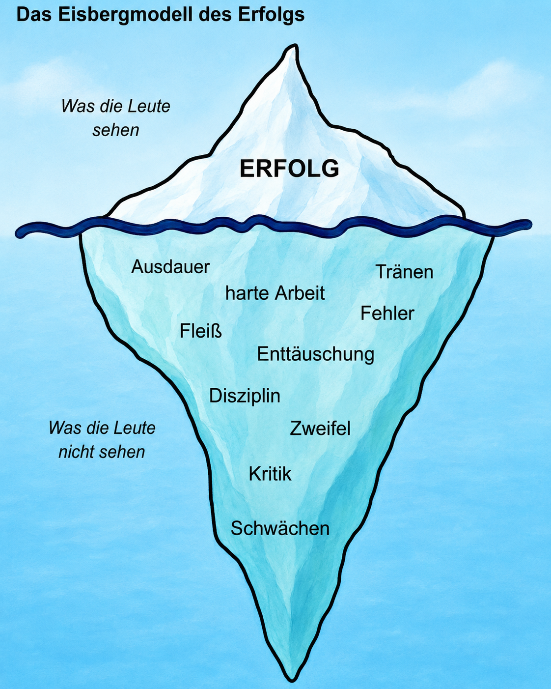 Eisbergmodell des Erfolgs mit sichtbarem Erfolg und verborgenen Faktoren wie Fleiß, Disziplin und Zweifel.